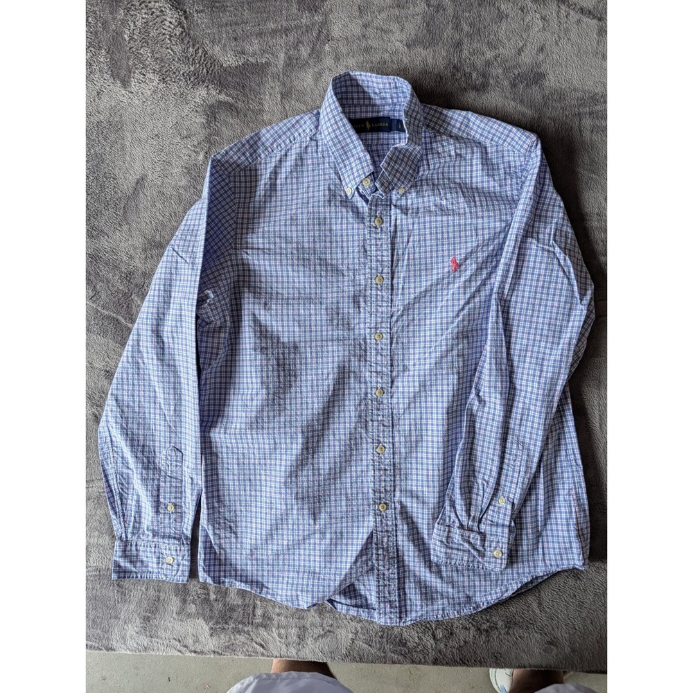 Ralph Lauren Mens Blue Plaid Cotton Button Down Shirt Large Long Sleeve Pony